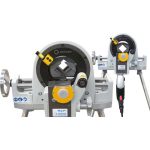 Orbitalum pipe cutting and beveling machine with mounted tool and tripod stand.